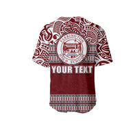 Maroon baseball jersey back with circular Farrington crest and 'YOUR TEXT' print