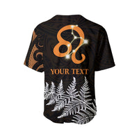 Black baseball jersey back with orange Leo 8 emblem, 'YOUR TEXT', white ferns