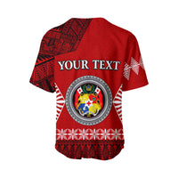 Red baseball jersey back with 'YOUR TEXT' and large crest emblem