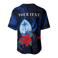 Blue baseball jersey back with 'YOUR TEXT' and Guam flower graphic, black/blue pattern