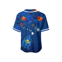 Blue Hawaiian-style baseball jersey with island map, tropical flowers and turtle artwork