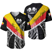Baseball-Jersey schwarz mit gelb-rot Diagonale, Tiki-Grafik, Knopfleiste