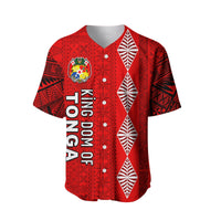 Red Tonga National Day baseball jersey, white crest and leaf-pattern stripe, buttoned placket