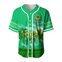 Green baseball jersey with crest logo, geometric sleeve banding, and palm scene