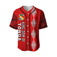 Red Tonga baseball jersey with Kingdom of Tonga text, crest, button front, short sleeves