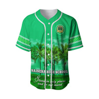 Green baseball jersey with white trim, palm graphic, SAINEHA High School crest