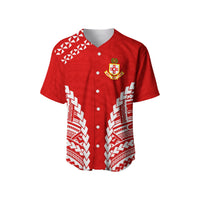 Red baseball jersey with button front, white tribal side patterns, Tonga crest