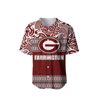 Maroon baseball jersey front with circular Farrington logo and Hawaii-style pattern