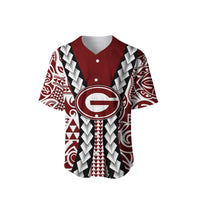 Maroon baseball jersey front view: V-neck buttons, circular logo, tribal sleeve pattern