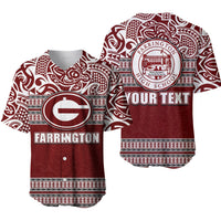 Maroon baseball jersey with Farrington logo, patterned sleeves and striped hem