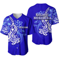 Blue baseball jersey with Polynesian hammerhead shark print, V-neck, buttons, “YOUR NAME”