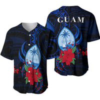 Two blue Guam baseball jerseys, front and back, red floral wave and shell art