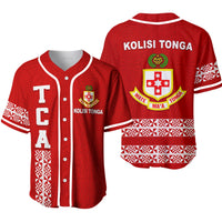 Red Kolisi Tonga baseball jersey with white trim, front buttons, TCA logo patch