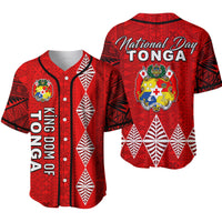 Red Tonga National Day baseball jersey with crest, button front, short sleeves