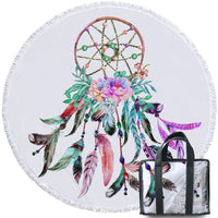 Round beach towel with multicolor dreamcatcher feathers and purple tassel edge