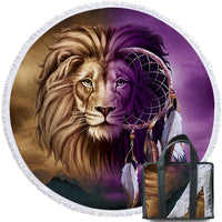 Round beach towel with lion and wolf faces plus dreamcatcher graphic, purple and gold