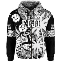 Custom Personalised Fiji Hoodie Coat Of Arms Masi Tapa Mixed Palm Tree No1 Black Version - Wonder Print Shop