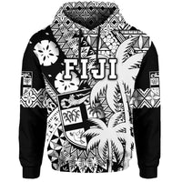 Custom Personalised Fiji Hoodie Coat Of Arms Masi Tapa Mixed Palm Tree No1 Black Version - Wonder Print Shop