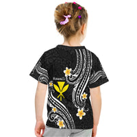Kids black T-shirt with Polynesian-style back design, white swirls, yellow emblem, and flowers