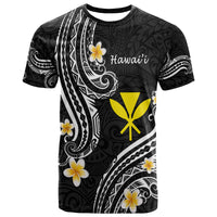 Black T-shirt with Polynesian-style line art, white swirls, yellow emblem, and flowers