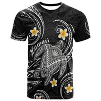 Black Hawaiian graphic t-shirt with turtle, plumeria flowers, and tribal patterns