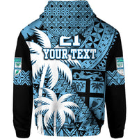 Blue pullover hoodie with black sleeves and back shield, palm trees, and YOUR TEXT print