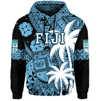 Blue pullover hoodie with black sleeves, hood, and front palm tree crest graphic