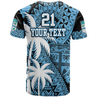 Blue graphic T-shirt with 21 and YOUR TEXT over tropical palm prints