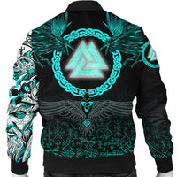 Viking Bomber Jacket Three Raven and Valknut Cyan RLT12 - Wonder Print Shop