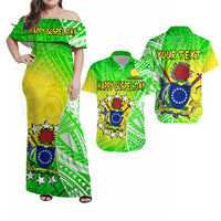 Personalised Happy Gospel Day dress, green off-shoulder style with Polynesian emblem print