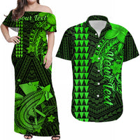 Green off-shoulder maxi dress with “Your Text” and Polynesian tribal + flower print