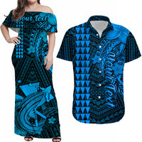 Off-shoulder blue maxi dress with teal island print and 'Your Text' across chest
