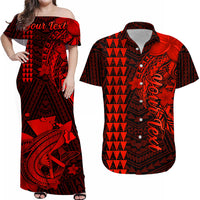 Red and black off-shoulder Hawaiian maxi dress, tribal print with flower motif