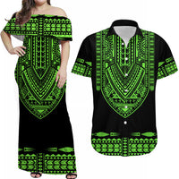 Personalised Polynesian Matching Hawaiian Shirt And Dress Dashiki With Polynesian Tattoo Royal Green Version - Wonder Print Shop