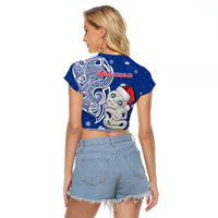 New Zealand Christmas Raglan Cropped T Shirt Hei Tiki Blue Pohutukawa Meri Kirihimete - Wonder Print Shop