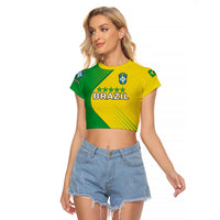 (Custom Text And Number) Brazil Football Raglan Cropped T Shirt Brasil Map Come On Canarinho Sporty Style - Wonder Print Shop