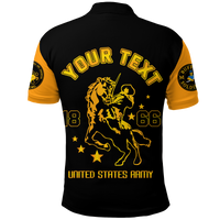 Black polo shirt with yellow sleeves; large back graphic and 'UNITED STATES ARMY' text.