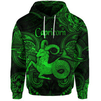 Green hoodie with Capricorn polynesian graphic, hood and drawstring cords