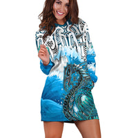 Custom Personalised Manaia Maori Hoodie Dress Fern Aotearoa Blue Waves LT13 - Wonder Print Shop