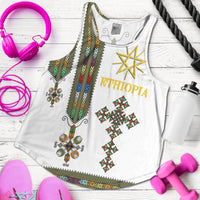 White women's racerback tank with Ethiopian-style cross and 'ETHIOPIA' print