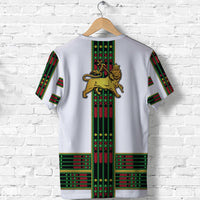 White T-shirt back with gold lion emblem and green red black Ethiopian pattern