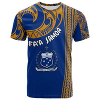 Blue T-shirt with yellow Polynesian pattern and “Faa Samoa” crest graphic on front