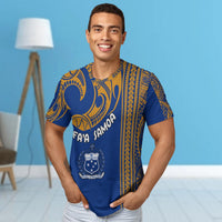 Blue “Faa Samoa” T-shirt worn by model, yellow tribal-style side stripe and crest graphic
