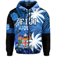 Fiji Hoodie Coat Of Arms Masi Tapa Mixed Palm Tree No2 Blue Version - Wonder Print Shop
