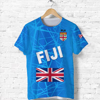 Fiji sporty T-shirt in blue with crest, FIJI text, and Union Jack flag print