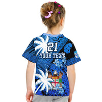 Kids blue and white T-shirt with back print showing 21, 'YOUR TEXT', and palm motif.