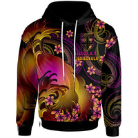 Black Fiji-style hoodie with bright yellow, purple, and magenta wave artwork, front view