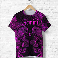 Gemini zodiac Polynesian T-shirt, magenta print front with twin figures on dark base