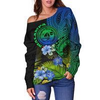 Vanuatu Malampa Province Women Off Shoulder Sweater Hibiscus Tribal Polynesian Tattoo Ver Gradient - Wonder Print Shop