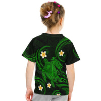Black T-shirt back with green tribal pattern and yellow plumeria flowers